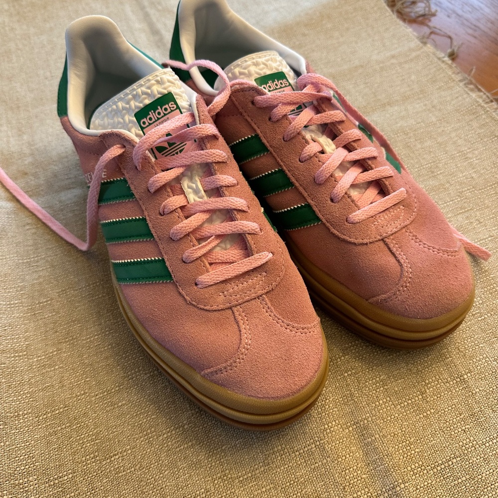 adidas Originals Pink Suede Sneakers with Green Stripes
